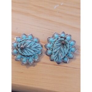 Vintage Turquoise Flower Clip On Earrings Floral Silver Tone Costume‎ Jewelry